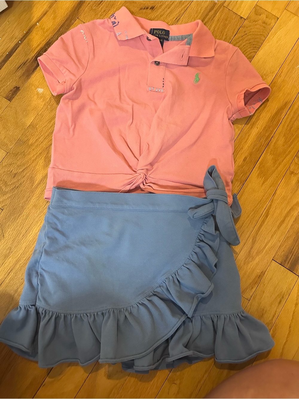 Polo by Ralph Lauren Girls' Pink Polo & Blue Ruffle Wrap Skirt Set